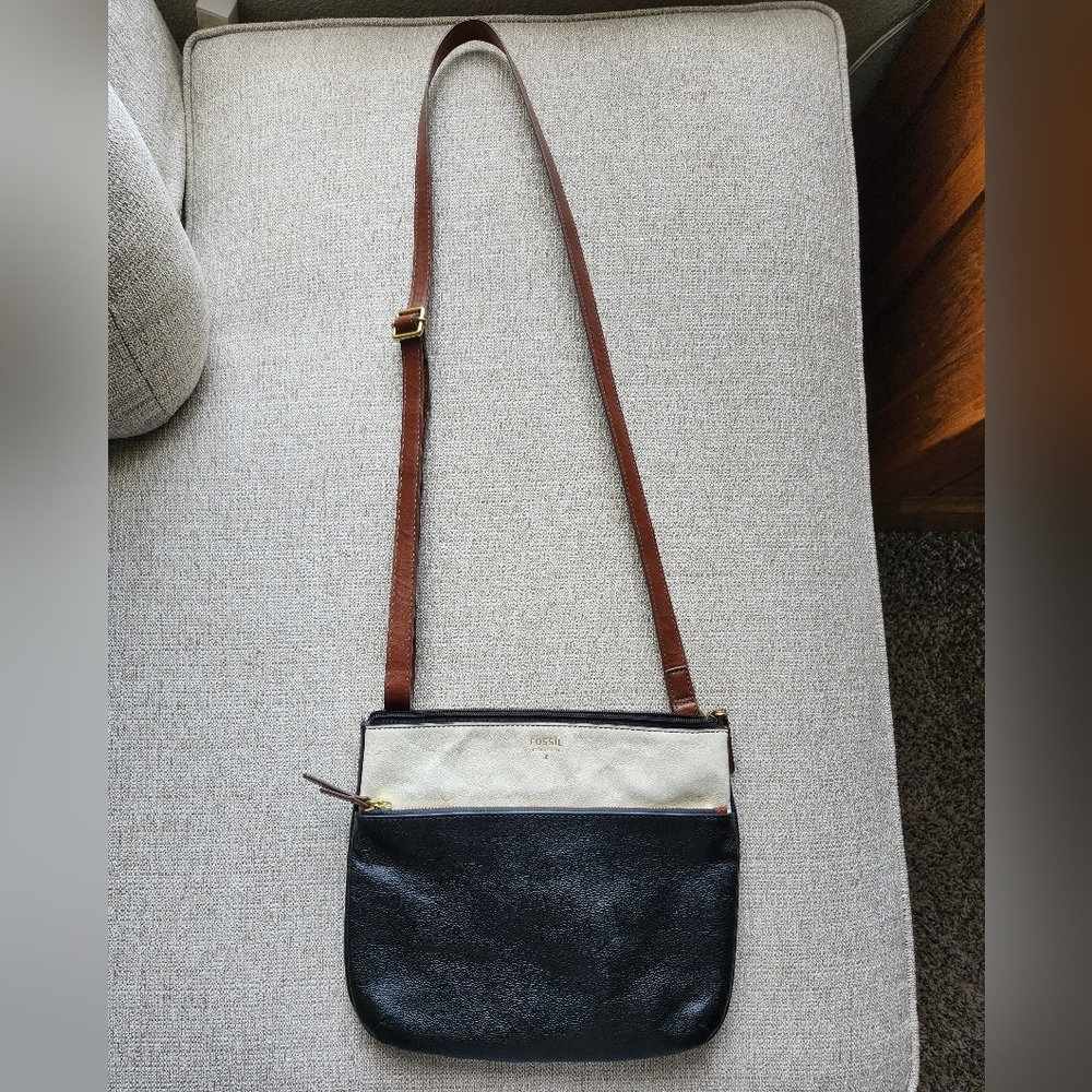 Fossil Black, White and Brown Pebble Leather Fiona Crossbody Purse